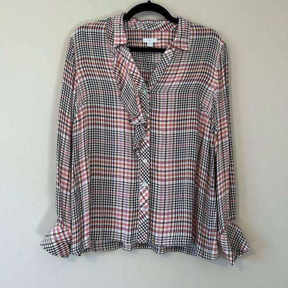 J.Jill Glen Plaid Ruffled Button-Front Blouse Small Petite Long Sleeve - Picture 2 of 10